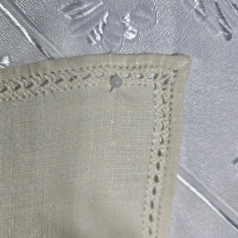 Vintage‎ White Hand Embroidered Linen Square Tablecloth 32x33 Openwork Hemstitch